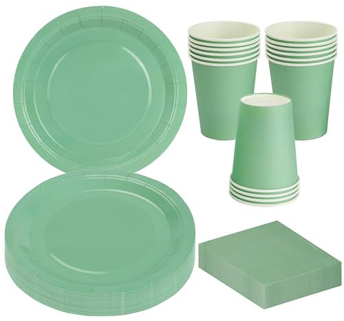 MestectPET 56 Piezas Vajilla Verde Salvia para Fiestas, Platos Vasos y Servilletas de Papel para 16 Invitados, Ideal Juego de Vajilla para Cumpleaños Bodas Aniversario Baby Shower Barbacoas