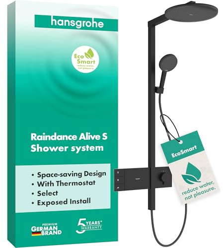 hansgrohe Raindance Alive S - vattenbesparande Duschsystem (EcoSmart) med termostat, Regndusch (300 mm), Duschset med handdusch, duschslang, duschstång, huvuddusch (2 stråltyper), matt svart, 24596670