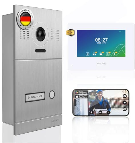 Mathfel 2-Draht IP Video-Türsprechanlage mit Türöffner – Full-HD Kamera, 7 Monitor & App-Steuerung – Smarte Video-Türklingel mit Gegensprechanlage (Silber, 1 Klingeltaster)