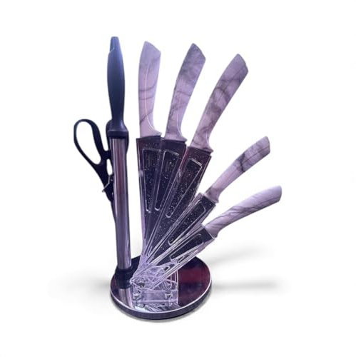 BOBSSEN Kitchen ware,Professional Kitchen Knife Set with 360 Stand, 8 Pieces Stainless Steel Blades (Marble)