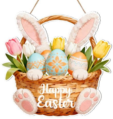 Cesta de flores de madera con forma de conejito de Pascua para colgar en la puerta, decoración de Pascua para el hogar, decoración de primavera para pared, decoración de fiestas para colgar en