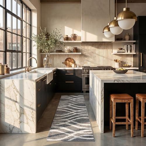 SAFAVIEH Tappeto Angosciato per Soggiorno, Sala da pranzo, Camera da letto - Adirondack Collection, A Pelo Corto, Antracite e avorio, 76 X 244 cm