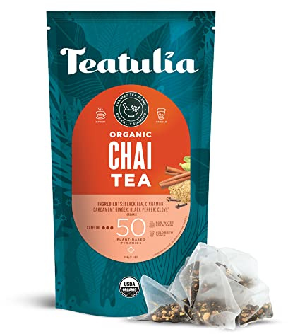 Teatulia Organic Masala Chai Tea Bags (50 Pyramid Sachet Teabags) Premium Whole Leaf. Compostable & Sustainably Grown In Bangladesh. Black Tea, Cinnamon, Cardamom, Ginger Root, Black Pepper, Cloves