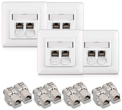 kwmobile Keystone Dose Modul Set - 8X Keystone Modul 4X Netzwerkdose CAT 6A Kabel - 10Gibt/s geschirmt Metall Gehäuse RJ45 Schnappverschluss