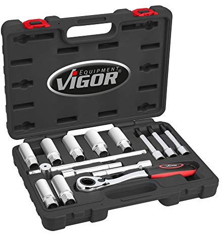ViGOR Stoßdämpfer-Werkzeugsatz V6452, inkl. offener Umschaltknarre SW 21 mm, Sechskant-Einsätze SW 16-24 mm, Schraubendreher-Einsätze, Verlängerung