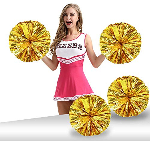 Ueerdand Pack of 4 Cheerleading Pom Poms Foil Plastic Metallic Cheerleader Pom Poms for Cheer Sport Kids Adults Team Spirit Cheering (Gold)
