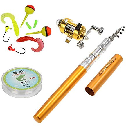 Jatzde Mini Portable Telescopic Pen Fish Rod Combo- Pocket Fishing Pole+ Aluminum Alloy Reel + Fishing Line+ Soft Lures