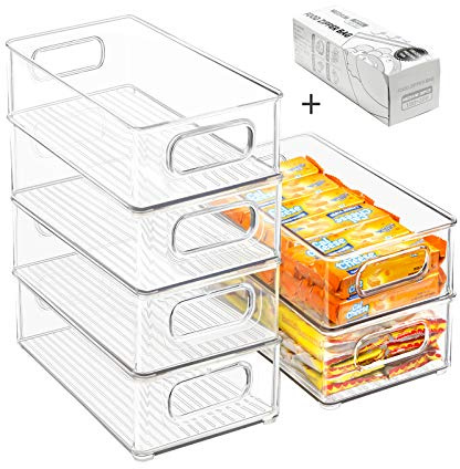 Stackable Refrigerator Organizer Bins, 6 Pack Clear Kitchen Organizer Container Bins with Handles and 20 PCS Plastic Bags for Pantry, Cabinets, Shelves, Drawer, Freezer - Food Safe, BPA Free 10L
