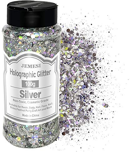 JEMESI 100g Brillo Corporal, Purpurinas Polvo, Chunky Glitter Flakes Paillette Brillante Decoración para Cara Maquillaje Pelo Arte Corporal Uñas y Mejilla - Plata