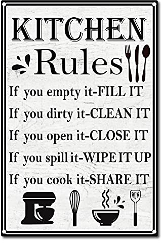 CREATCABIN Kitchen Rules Tin Sign Vintage Funny Metal Wall Decor Decoration Art Mural Hanging Iron Painting for Home Garden Bar Pub Kitchen Living Room Office Garage Poster Plaque 12 x 8inch