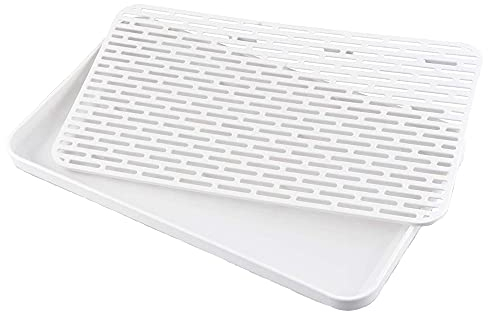 Aieraczy 30 * 17,5cm Égouttoir à Vaisselle, Tapis Égouttoir, Support Plateau d'Égouttement d'eau, Épaissir Plastique Couche Double Plateau Séchage Incliné pour Tasses, Bols, Fruits (Gris, Blanc)