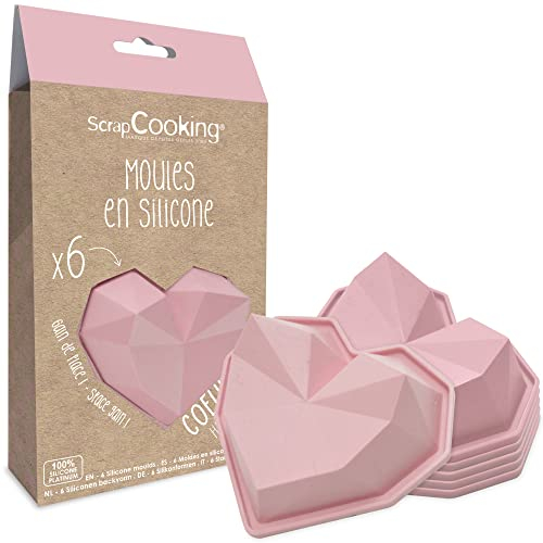 SCRAP COOKING - Coffret 6 Moules en Silicone Cœurs Diamant - Kit Pâtisserie Formes 3D pour Gâteaux Coeur - Moules Individuels Souples - Aptes Four & Lave-Vaisselle - Cadeau Cuisine - Rose - 2912