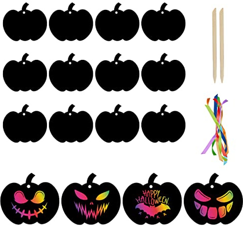 Jagowa 12 Sheet Pumpkin Scratch Art for Kids - Halloween Rainbow Magic Paper - Crafting Off Cards - Black Doodle Pad- Halloween Decorations.