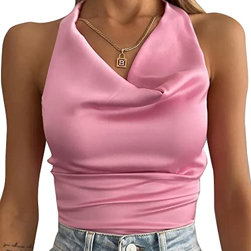 BKEPDY Camiseta Tirantes Mujer Tank Top Camisola Verano Cuello Halter Drapeado Elegante Blusa sin Mangas Ropa Casual Top Satinado Tops Mujer Verano