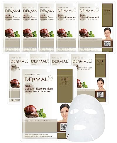 DERMAL Koreanische Gesichtsmaske mit Kollagen Essenz und Schneckenextrakt, 10 Stück – reparierend, verjüngend, feuchtigkeitsspendend mit Schneckensekret-Filtrat, für trockene und akneanfällige Haut