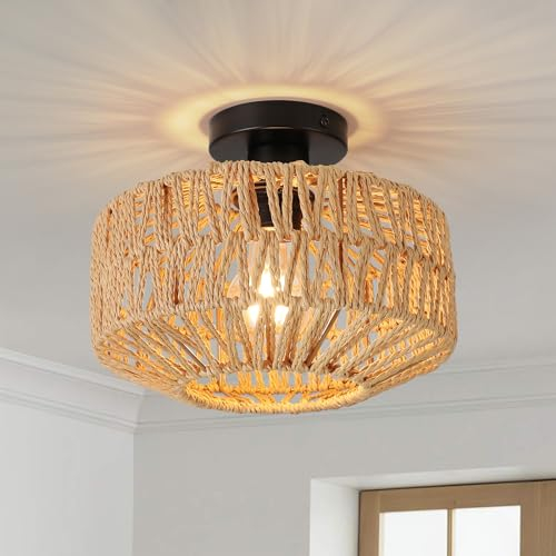 FORCOSO Deckenleuchte Rattan, Boho Lampe Decke mit Natürlicher Rattan Lampenschirm, E27 Vintage Kronleuchter, Rustikal Braun Deckenlampe Für Wohnzimmer Schlafzimmer Esszimmer Küche Flur
