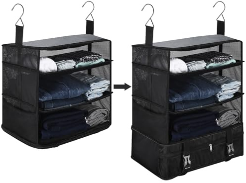 Armario Plegable para Maleta con Organizador Colgante y Estantería Oxford - Bolsas de Compresión, Cubos de Embalaje y Gancho Grande Negro