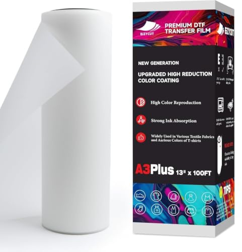 EIZYCUT DTF Transfer Film Roll 13inch x 100ft - A3 Plus Premium DTF Film Roll, Double Sided Matte PET Heat Transfer DTF Paper Roll for All Dark Fabric Textile and Colors T Shirts