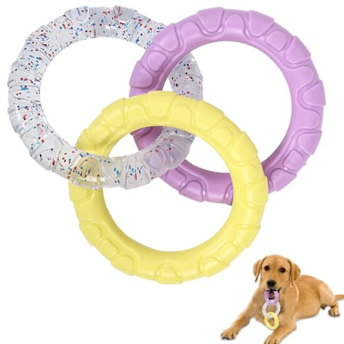 Duuclume TPR 3-Ring Tug Dog Toy, Sturdy & Water Resistant Dog Chew Toy for Pets Training Teething, Interactive Fetch Toy for Puppy Small Medium Large Breeds Aggressive Chewers(Purple & Yellow)