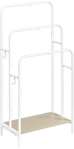 VASAGLE Porte Serviette Salle de Bain, Range Serviette, sur Pied, 3 Barres, 50 x 30 x 100 cm, 2 Crochets, Étagère de Rangement, Blanc Mat et Beige Naturel LLS009W01