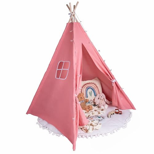 Relsy Tienda tipi rosa pálido para niños | Tienda de juego emergente para niñas y niños 140 x 120 cm lona de algodón con estrellas luminosas y accesorios de alfombra