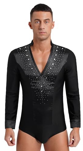 Freebily Herren Body Langarm V-Auschnitt Latein Hemd Mit Glitzer Strass Jazz Tango Top Modern Dance Outfit Performance Tanzkostüm Schwarz M