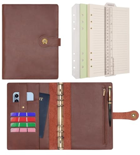 Wonderpool Carpeta A5 Diario de Viaje Cuaderno Papel A Rayas Recargable Organizador de Presupuesto de Cuero con Bolígrafo para Oficina Escuela Planificación de Negocios Escritura(Café,A5)