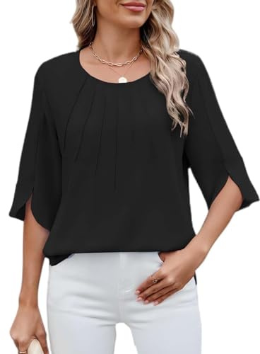 GUCURIN Chemisiers Et Blouses Femme à Manches 3/4 Chemise Ample Et Fluide en Mousseline Chic Et Élégant Décontracté Longue Tunique,Noir,S