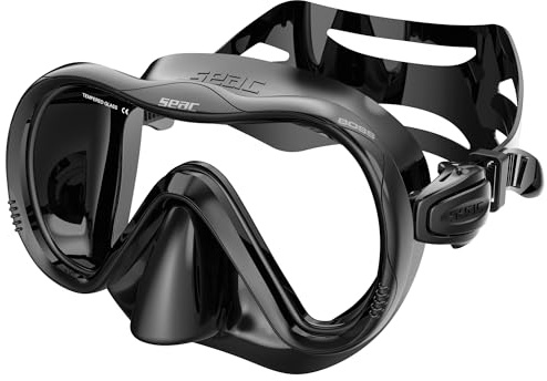 SEAC Boss, Maschera Snorkeling Adulto in Silicone Monolente in Vetro Temperato Antiurto, Regolazione Rapida a Pulsante, Cinghiolo Regolabile, Nero/Silver