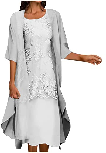 Robe Élégante pour Femmes Grande Taille pour Mère de la Mariée, Ensemble de Robe de Mariage pour Invitée en 2 Pièces, Robes de Cocktail et de Fête + Cardigan Longue Manche en Dentelle Découpée, Gris 1