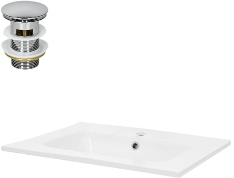 LuxeBath Waschbecken Keramik Weiß 610x460x165 mm eckig mit Ablaufgarnitur Silber, Einbauwaschbecken mit Hahnloch/Überlauf, Aufsatzwaschbecken Einbauwaschtisch Waschschale Waschplatz Handwaschbecken