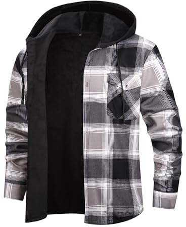 Iris Sprite - Camicia da uomo a quadri imbottita e calda, con fodera, camicie a quadri da uomo, camicie casual a quadri con tasche, giacca da uomo con cappuccio a quadri, Grigio 2., M