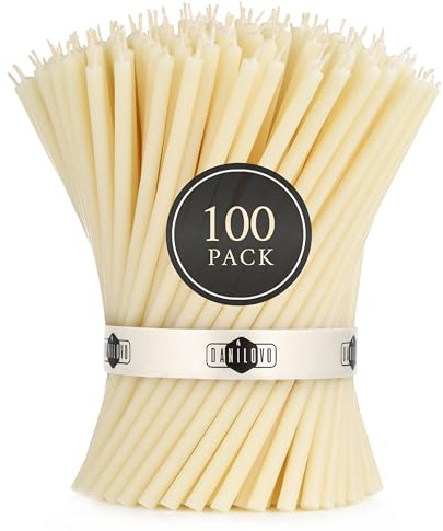 Danilovo - Candele in Cera d'Api, 100 Pezzi, Colore Bianco, Candele Decorative per Preghiera, per Rituali, Decorazione o Candele di Compleanno, 16 cm x 0,5 cm