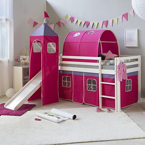 Homestyle4u 539, Kinder Hochbett Mit Rutsche, Leiter, Turm,Tunnel, Vorhang Rot, Massivholz Weiß, 90x200 cm