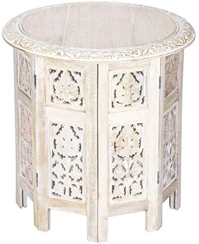 Boho Deko Tisch Beistelltisch aus Holz Ashkar Weiss ø 45cm groß rund | Orientalischer runder Hocker Blumenhocker orientalisch klein | Orientalische runde kleine Beistelltische klappbar