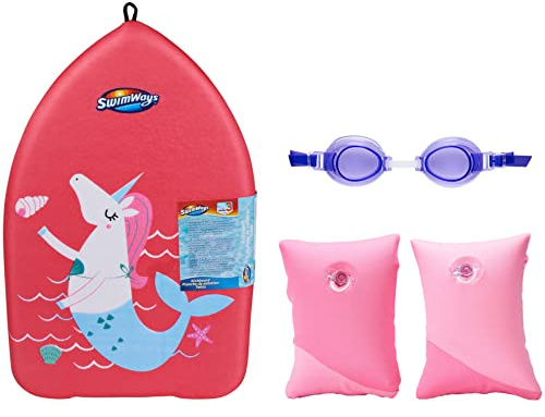 Lär dig att simma värdepaket med kickboard, skyddsglasögon och flytande, rosa