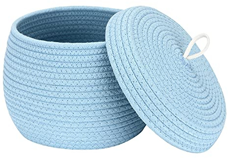 Sea Team Round Cotton Rope Storage Basket with Lid, Decorative Woven Storage Bin, Pot, Caddy, Organizer, Container for Snacks, Towels, Plants, 10 x 7.5 Inches (Small, Blue)