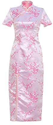 Shanghai Story Short Sleeve Long Qipao Brocade Chinese Traditional Cheongsam Dress for Womens Plum Blossom Embroidery Pink Size S