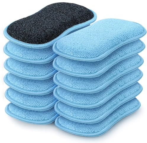 HOMEXCEL 12 Pack Multi-Purpose Scrub Sponges Kitchen, Dish Sponge, Non-Scratch Microfiber Sponge for Efficiently Cleaning Dishes, Pots, and Pans, Blue