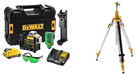 Dewalt Linienlaser (selbstnivellierender 3x360°,10,8V, 2Ah, manueller Modus ab 4° (Blinkmodus) & Aluminium-Stativ/Kurbelstativ
