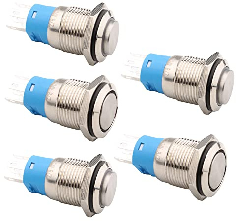RUNCCI-YUN 5 Pezzi Interruttore Autobloccante in Metallo 16mm, 12-24 V Impermeabile DIY Rotondo ON OFF per Auto Campanello con Luce LED ad Anello Blu (Testa Alta)