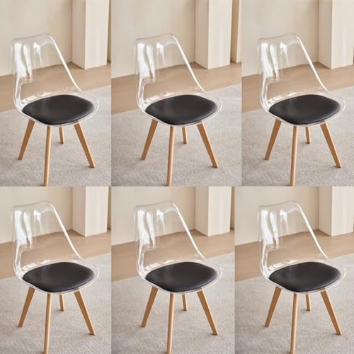 GrandCA HOME Set di 6 Sedie da Pranzo Nordiche con Schienale Trasparente, Sedia Imbottita con Sedile Imbottito in Tessuto di Lino (Nero-PU)