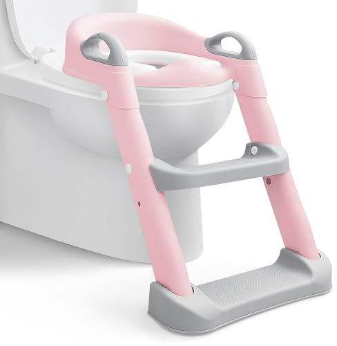 Adjustable Toilet Training Seat for Kids 1-7 Years - Upgrade Anti-Slip Children's Potty Seat with Step Stool & Foldable Design | Fits UK Round Toilets|(Pink)