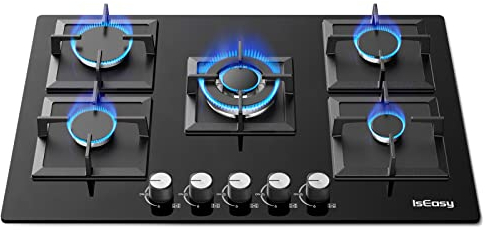 Plaque de Cuisson Gaz 5 Feux Encastrable, Table de Cuisson à Gaz 5 Feux Noir -Supports en Fonte - Gazs ville et bouteille- NG/LPG