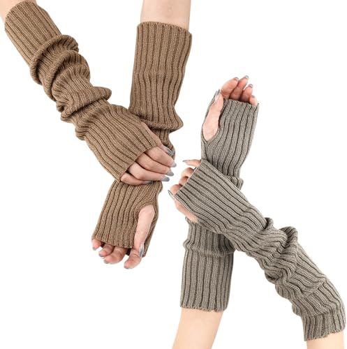PHOGARY 2 Pairs Winter Arm Warmers, Elbow Length Long Fingerless Gloves for Women Knitted Mittens Long Gloves Wrist Warmers with Thumb Hole for Women Autumn Winter Outdoors Indoors Office Typing, B