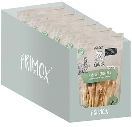 PRIMOX Kaninchenohren 6 x 100g I Verträglicher, geruchsarmer Premium Kausnack für Hunde | Für ernährungssensible Hunde | Zahnfreundlich & stressreduzierend