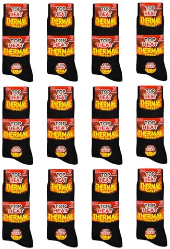 HiFEN® Thermal Socks For Men – 12 Pairs Black Extra Thick Warm Winter Heated Hot Socks Self Heating For Extreme Cold Weather Foot Warmer Socks For Men's Size UK 6-11