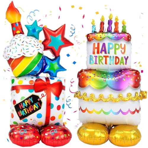 Folienballon Geburtstagstorte XXL 2 Stück Geschenk Luftballon Stehend Happy Birthday Folienballon Geburtstag Aufblasbare Helium Ballons Geburtstag Motto-Party Dekoration