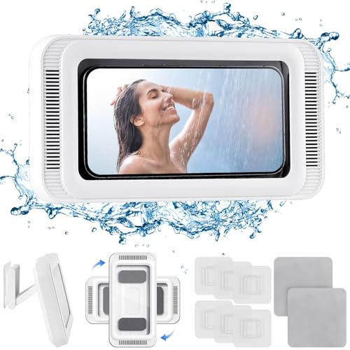 HOTUT Soporte impermeable para teléfono de ducha, funda de montaje en pared con rotación de 480°, soporte de pantalla táctil HD de alta sensibilidad para baño, bañera, cocina, se adapta a teléfonos de