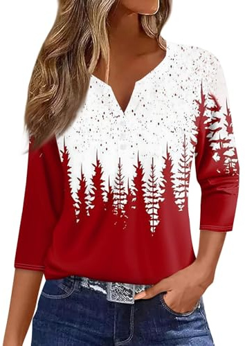 T-Shirt de Noel Femme, Tee Shirt Femme Col V Manches 3/4, Habit de | Noel Chemise Femme Plus Size Business Drole Noël Manche 3/4 Col V Confortable Père Noël